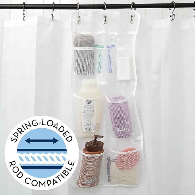 S&T INC. Shower Organizer, Shower Caddy or Bathroom Organizer with Quick Drying Mesh, 7 Pockets to Hold Shampoo, Soap, Loofah, and Cruise Ship Essentials, 14 Inch by 30 Inch, White, 1 Pack