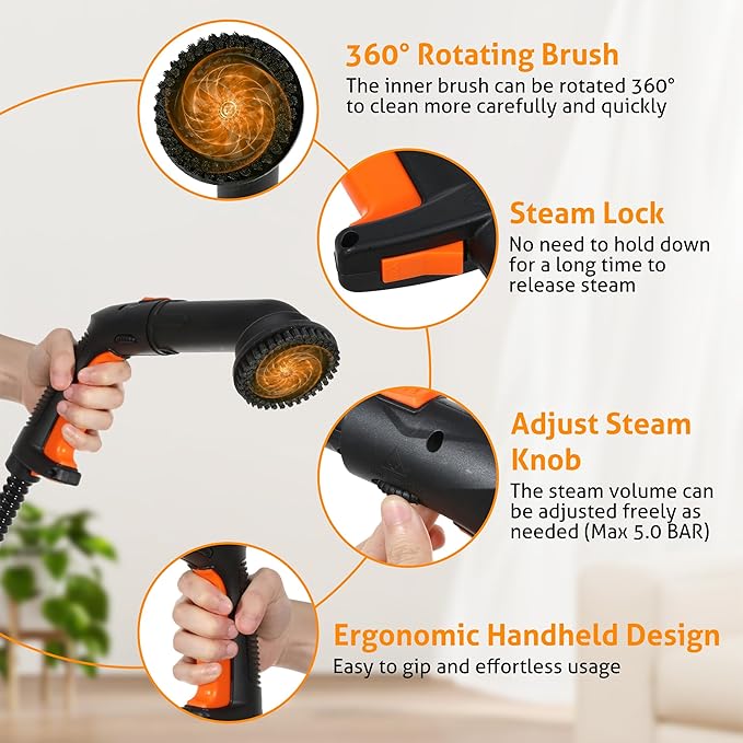 WICHEMI Steam Cleaner with Extension Pole, 61 oz, Steam Cleaner for Home, Adjustable Steam Pressure, 26 Accessories, Handheld Steam Cleaner for Walls, Gaps, Hard Floors, and Tiles