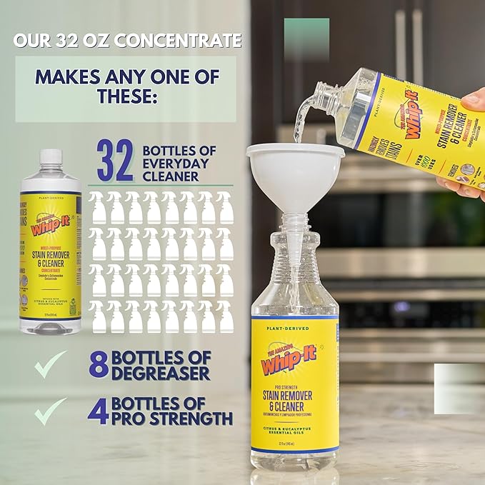 Whip It Cleaner, Multi Purpose Stain Remover CONCENTRATE, Makes 32 Bottles, Plant Based Enzyme Cleaner, Cleaning Food, Grease, Coffee, Wine, Baby Stains, pet stains, Over 500 uses, Made in USA, 32 OZ