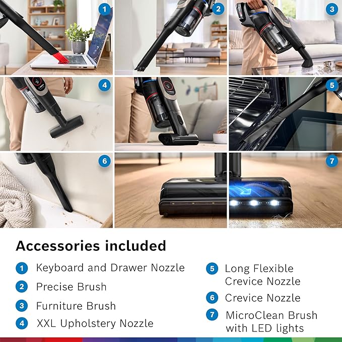 Bosch Unlimited 9 Cordless Stick Vacuum, Fast Charger, Up to 60-Min Runtime, MicroClean Brush, >99.9% Dust Pick-up, HEPA Filter, Pet Hair, Carpets & Hard Floors, 6 Accessories, Dark Cream