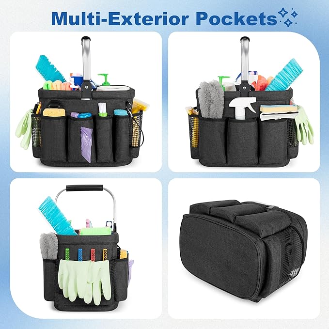 Cleaning Caddy Organizer with Handle, Cleaning Tote Bag with Multiple Pockets for Cleaning Supplies, Products Storage, Housekeepers, Car Cleaning, Black
