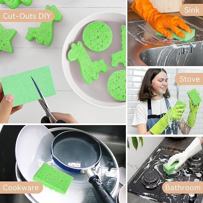 6 Pcs Kitchen Sponges for Dishes Cleaning, Non Scratch for Non Stick Cookware, Compressed Natural Cellulose Sponges, Dish Washing Scrubbers, Scrubbing Pads for Household, Bathroom (Green)