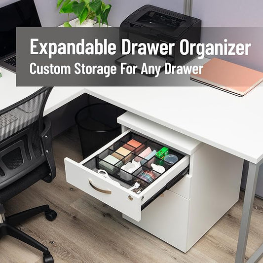 Mind Reader Expandable Mesh Desk Drawer Organizer, Adjustable from 9.25" to 17.125", Office Supply Storage Tray, Makeup Organizer, Black
