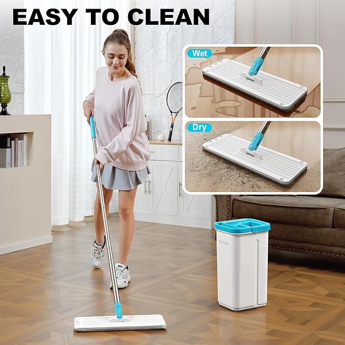 Mop and Bucket Set with Wringer, Dry & Wet Wall Mop Cleaner with Long Handle, Flat Squeeze Spin Dust Mop for Household Floor Cleaning with 4 Microfiber Mops, Turquoise-Cyan