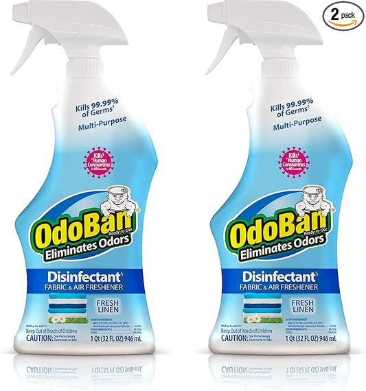 OdoBan Ready-to-Use Disinfectant and Odor Eliminator, Set of 2 Spray Bottles, 32 Ounces Each, Fresh Linen Scent