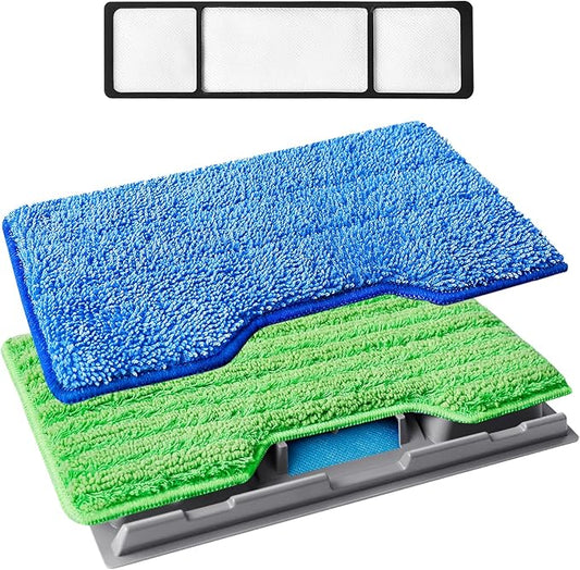 KEEPOW Reusable Microfiber Mop Pads Refills Compatible with Shark VACMOP VM252 VM200 VM401 VM180 VM252GN VC205 VM250 VM190 VM200P12, Upgraded Dirt Chamber for Hard Floor, Blue & Green, 1+1+1+1 Pack