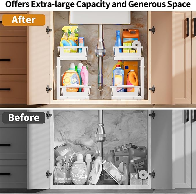 Under Sink Organizer 2 Pack, 2 Tier Adjustable Height Reinforced Carbon Steel Under Kitchen Bathroom Sink Storage Organizer, Smooth Pull-Out Under Sink Cabinet Rack Drawer Organizer, White