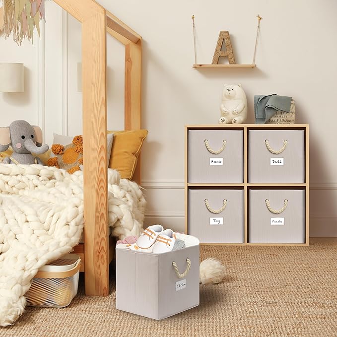 SIMPLE HOUSEWARE 11-Inch Cube Storage Bin With Braided Handles, 4 Pack, Ivory