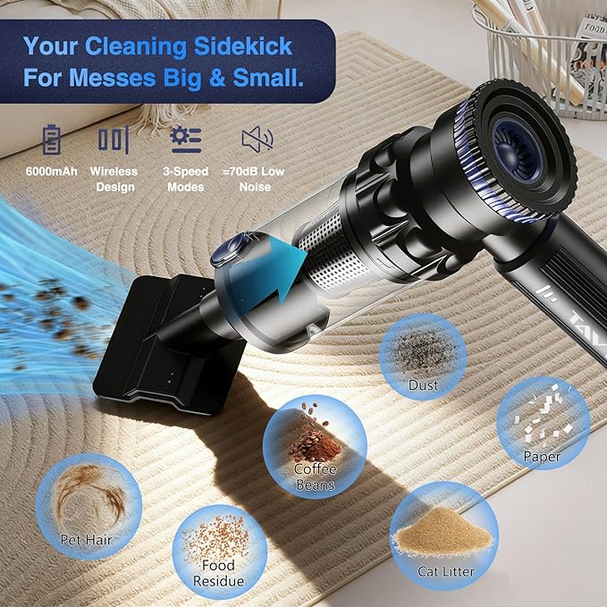 Car Vacuum Portable Cordless, 19000PA Suction Power [3 Suction Modes] & 6000mAh Battery [USB-C Charging Cable], 4-in-1 Wireless Mini Handheld Cleaner for Home, Car, Pet, Office