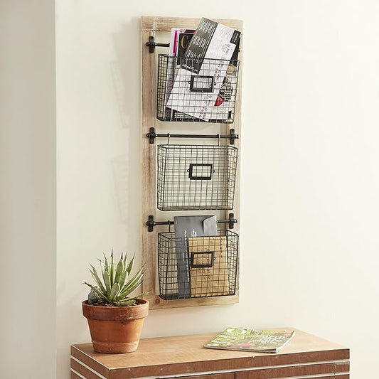 Deco 79 Farmhouse Metal Wall Mounted Rack for Magazines, Books, Newspapers, Bathroom/Offie/Living Rom Storage, 14" x 4" x 36", Black