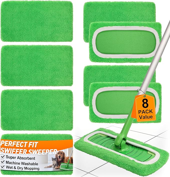 8 Pack Reusable Microfiber Mop Pads Replacement Compatible with Swiffer Sweeper, Machine Washable Mop Pads Refills for Wet & Dry Floor Cleaning, Mopping Cloths Fits Hardwood, Marble, Tile & Laminate