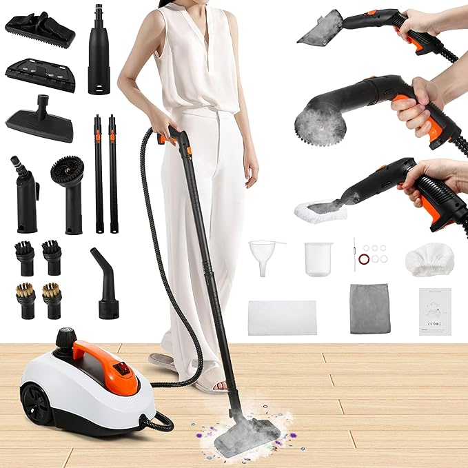 WICHEMI Steam Cleaner with Extension Pole, 61 oz, Steam Cleaner for Home, Adjustable Steam Pressure, 26 Accessories, Handheld Steam Cleaner for Walls, Gaps, Hard Floors, and Tiles