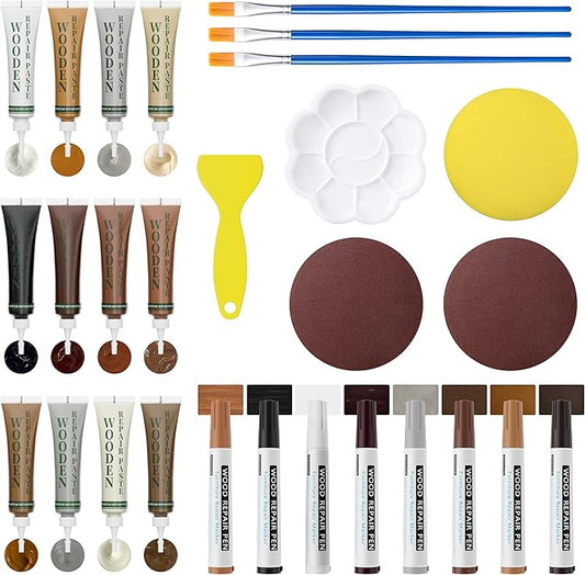 Wood Repair Kit: 12-Color Wood Filler and 8-Color Furniture Markers Touch Up for Scratches/Holes/Stains/Cracks in Floors/Table/Cabinets(Laminate/Hardwood)