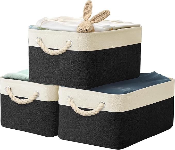 Simple Houseware Large Fabric Storage Bin, 15.7" x 12" with Braided Handles, 3 Pack, Black