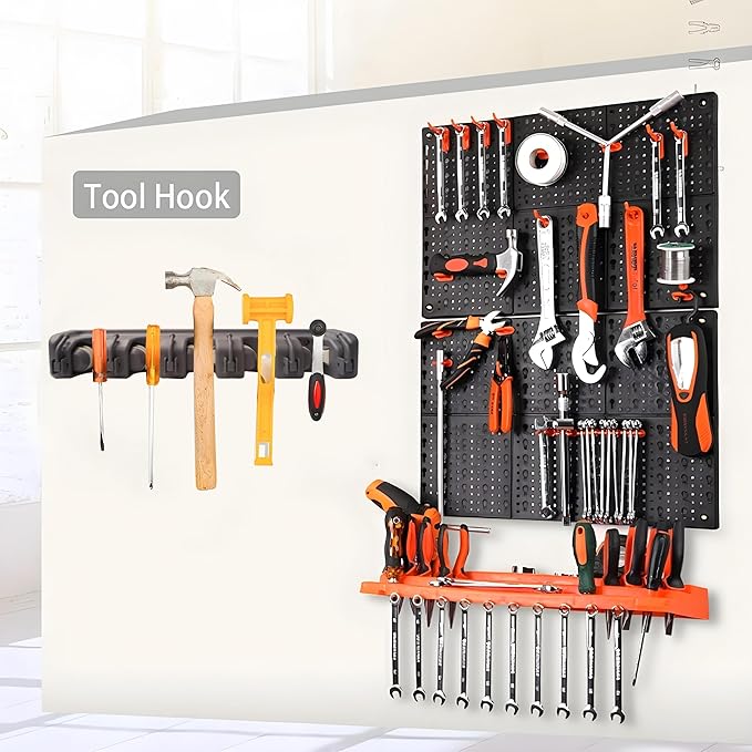C-CHAIN Mop and Broom Holder, 5 Position with 6 Hooks Garage Storage Holds up to 11 Tools, Multipurpose Wall Mounted Tool Rack Organizer for Kitchen Garage,Grey