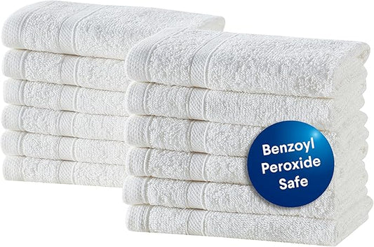 Clorox Bleach Friendly, Quick Dry, 100% Cotton Washcloths (12" x 12"), Highly Absorbent Soft Lightweight, Ideal for Everyday Use, Easy to Wash (12 Pack, White)