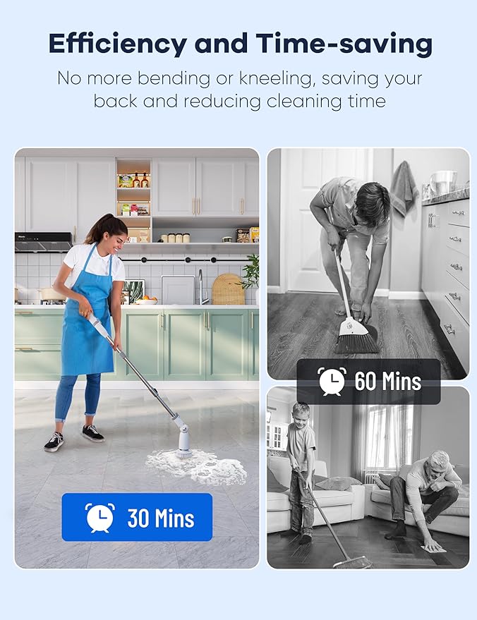 Electric Spin Scrubber,Floor Power Scrubber with Long Handle Dual Speeds,Cleaning Brush Cordless,Shower Scrubber Scrub Brush with 3 Adjustable Angles,8 Brush Heads for Bathroom Tile