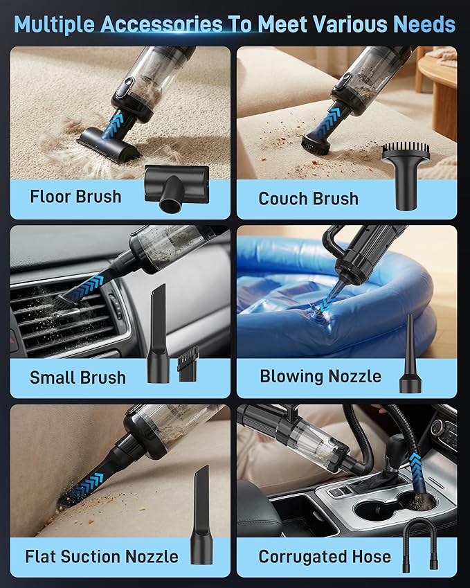 Handheld Vacuum Cordless, 18000PA Strong Suction Car Vacuum Cleaner Portable with Brushless Motor & LED Light, Hand Vacuum with Multi-Nozzles & Washable Filter for Home Office, Car, Pets