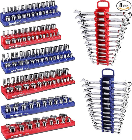 WORKPRO 8-Piece Magnetic Socket Organizer and Magnetic Wrench Organizer Set, Socket Holder Set 1/4", 3/8", 1/2" Drive Metric SAE Socket Storage, Metric SAE Wrench Holder(Socket, Wrench not Included)