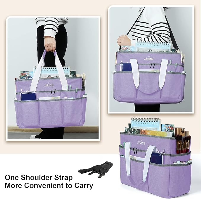 JJRING Craft Organizer Tote Bag, Large Art Storage Caddy with Multiple Pockets, Lilac Sewing Bag for Art, Craft, Scrapbooking, Medical, and Office Supplies Storage