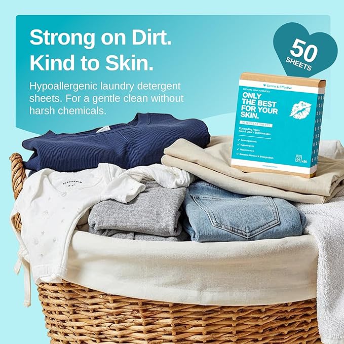 Laundry Detergent Sheets - Unscented, Hypoallergenic, Plant-Based Travel Laundry Sheets with Coconut & Soapberry Extract, Colors & Whites, 50 Sheets