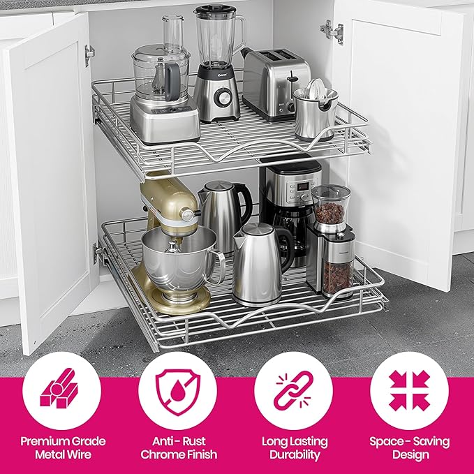HOLDN’ STORAGE Two Tier Pull Out Cabinet Organizer, Individual Sliding Drawers - Heavy Duty Metal with Lifetime Limited Warranty - Anti Rust Chrome Finish - 22" W x 21”D x 16.5" H
