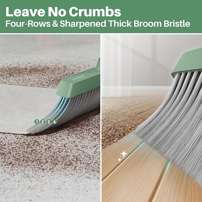 JOYMOOP Dark Teal Green Broom and Dustpan Set with 56” Handle, Upright Angle with Comb Teeth for Pet Hair and Hardwood Floors