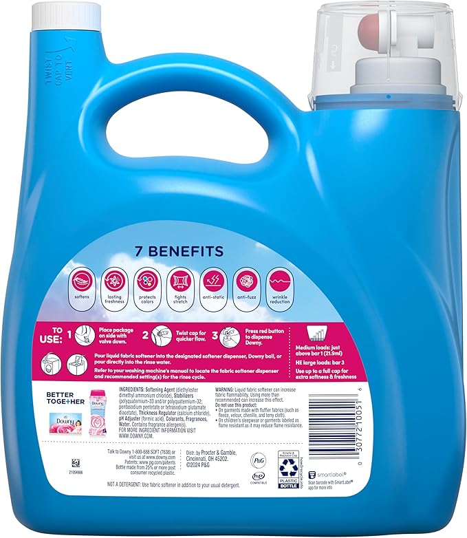 Downy Soft, 2 in 1 Soft and Fresh Liquid Fabric Softener, April Fresh, 140 fl oz, 190 Loads, Fabric Conditioner Liquid provides softness and freshness for fabrics