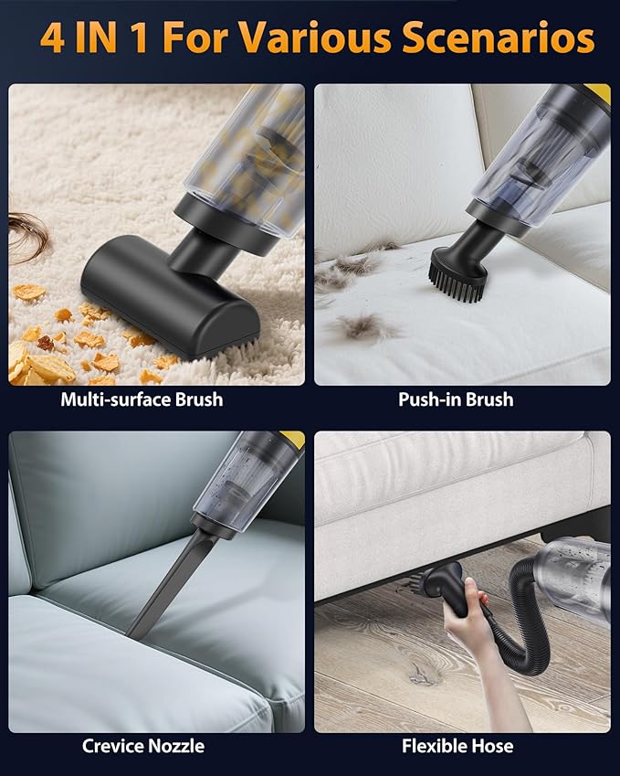 Handheld Vacuum Cordless 1.1 Pounds Car Vac 10000PA Hand Held Vacuums 4-in-1 Hand Vac Cordless Rechargeable HEPA Filter Large Capacity Dust Cup for Car Office Home Pets Hair (Butter Yellow)