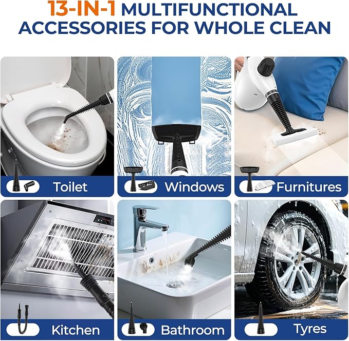 LABIGO Steam Cleaner, Pressurized Handheld 13pcs Multi-Purpose Natural Deep Cleaning Steamer, Portable Steamer for Cleaning Home, Grout, Kitchen, Car, Window, Upholstery, Bathroom and Clothes, White