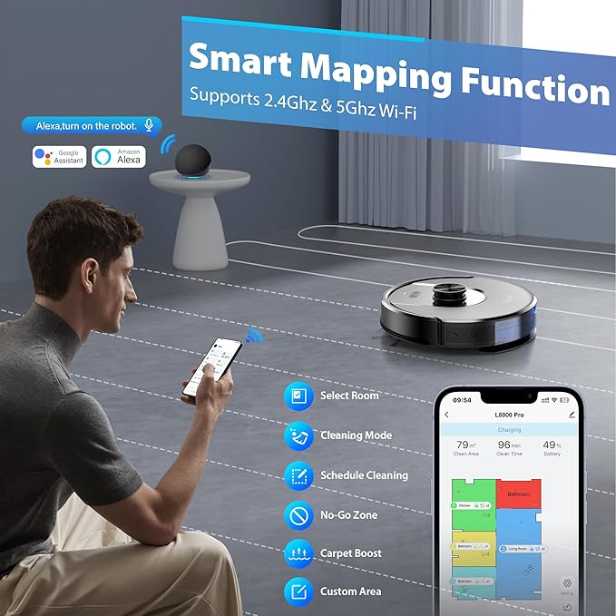 Tikom Robot Vacuum and Mop Combo, 6000Pa Automatic Robotic Vacuum Cleaner, Smart Mapping, 150 Min Max, Ideal for Pet Hair, Hardfloors, Carpets, Home(L8000 Pro)
