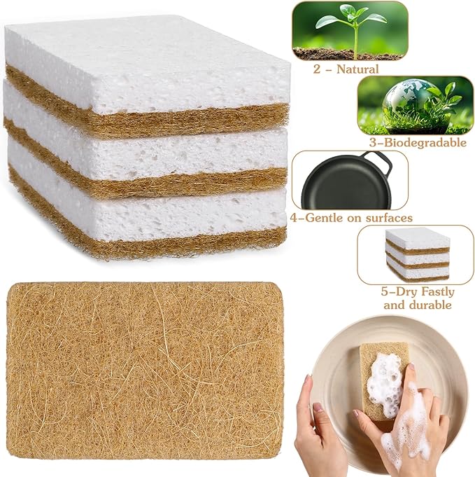 36pcs Natural Kitchen Sponge Eco Friendly Dish Sponges for Kitchen Compostable Coconut Scrubber Sponge Scrubbing Sponges for Dishes Household Cleaning Foam Non Scratch Dishwashing Scrubber