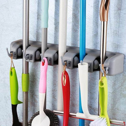 TOGU Mop and Broom Holder Wall Mounted 5 Position Storage Rack with 6 Retractable Hooks Holds up to 11 Tools Utility Weatherproof Holder for Garage Storage Systems Broom Organizer,Gray