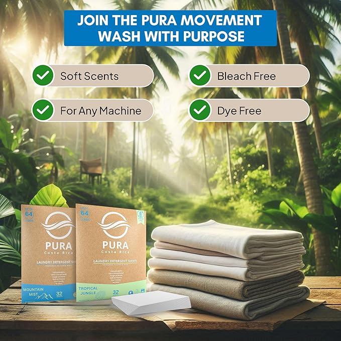 Laundry Detergent Sheets - Ultra Concentrated & Hypoallergenic - Deep Clean, Safe for Sensitive Skin, Plastic-Free & Non-Toxic - Works in Hot & Cold Water - (64 Loads 32 Sheets) - Mountain Mist