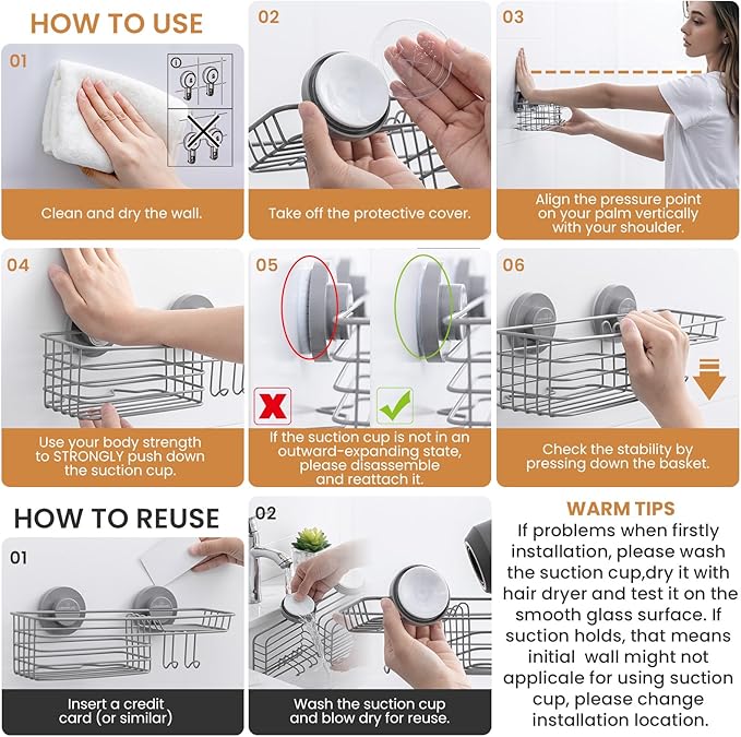 LEVERLOC Shower Caddy Suction Cup, Heavy Duty Bathroom Organizer for Inside Shower with Hooks & Soap Holder， NO-Drilling Bathroom Shower Holder-Grey