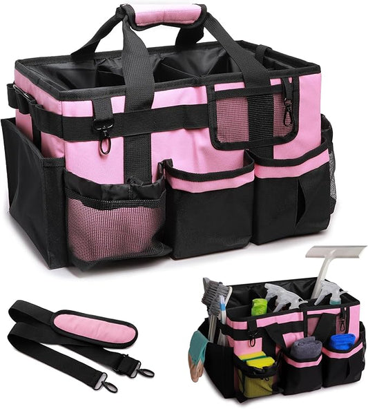 Large Cleaning Caddy Bags, Cleaning Supplies Organizer with Handle & Adjustable Shoulder Straps, 14.7-inch Pink Tool Bag, Cleaning Bags for Housekeepers, Cleaners, Gifts