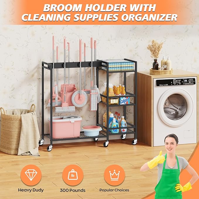 Broom and Mop Holder, Broom Closet Storage Cabinet with Cleaning Supplies Organizer, 2-in-1 Broom Mop and Cleaning Supplies Storage Cleaning Cart, Cleaning Cart with Wheels for Housekeeping