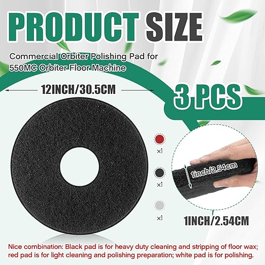 3 Pcs 12" Cleaning Orbiter Pads Commercial Floor Buffer Pads Hardwood Floor Maintenance Scrubber Polisher Cleaning and Stripping for Orbiter Machine (Black,Red,White)
