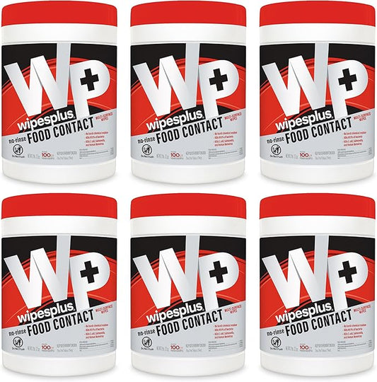 WIPESPLUS No-Rinse Food Contact Wipes Canister Multi-Surface Wipes, Unscented for Home and Business, 600, (6 Packs of 100)