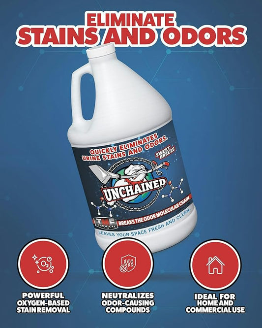 Unchained Urine Stain & Odor Remover – Enzyme Cleaner for Dog & Cat, Pet Odor Eliminator on Carpet & Furniture, Industrial Strength Urine & Feces Neutralizer, Sweet Breeze – 1Gallon
