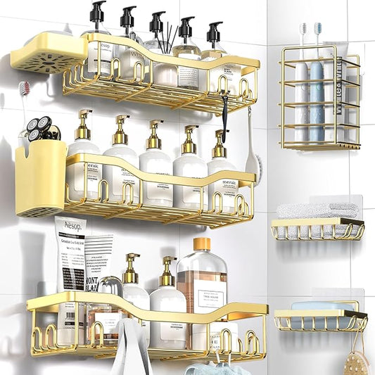 Shower Caddy Adhesive Shower Organizer 8-Pack, Rustproof Stainless Steel Bathroom Shelves, Large Capacity No-Drill Rack Storage Accessories with Soap Dish Toothbrush Holder Hooks