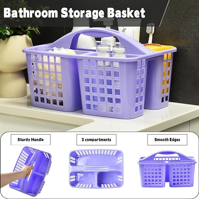 Haundry Plastic Shower Caddy Basket with 3 Compartments, Portable Divided Cleaning Supply Storage Organizer with Handle (Purple)