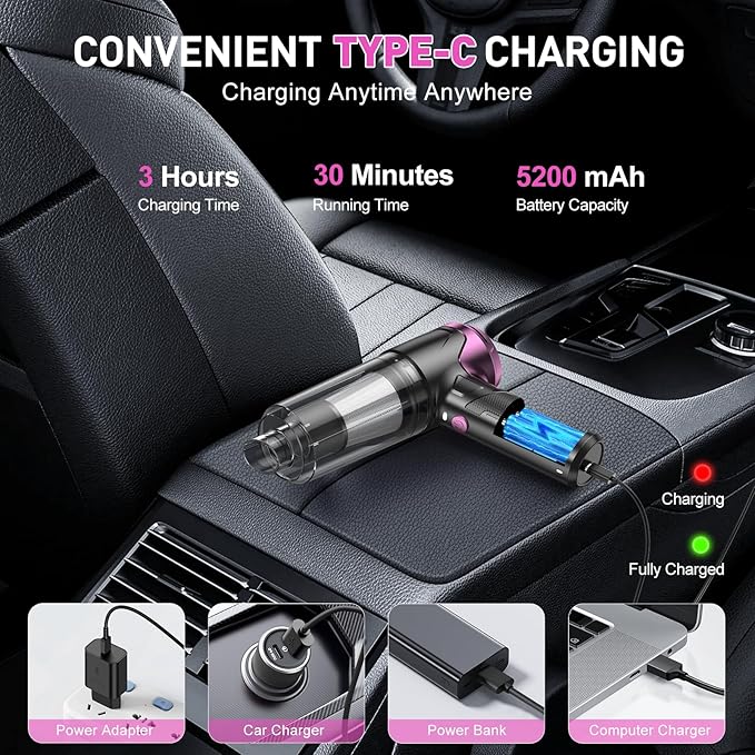 KMM Handheld Car Vacuum Cleaner, 10000PA Vacuum Cleaner & Air Duster, 120W High Power Vacuum Portable Cordless, Hand Held Vacuum Rechargeable with Multi-Nozzles & LED Light for Home, Car, Office