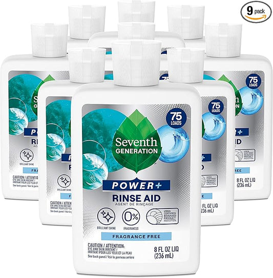 Seventh Generation Power+ Dishwasher Rinse Aid, Fragrance Free, 8 fl oz, (Pack of 9)