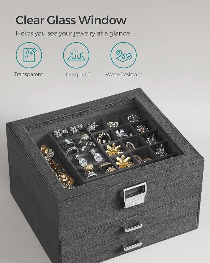SONGMICS Jewelry Box, Lockable Jewelry Storage Organizer, Jewelry Case with Glass Window, for Rings, Earrings, Studs, Bracelets, Necklaces, Gray UJBC158G01