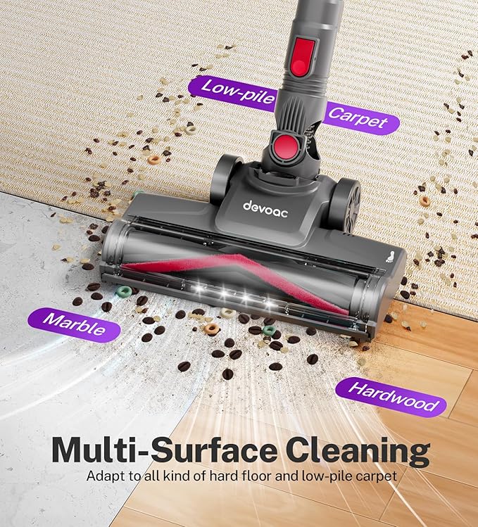 DEVOAC N300 Cordless Vacuum Cleaner, 6 in 1 Lightweight Stick Vacuum, 2200mAh Battery Up to 40mins Runtime, Powerful Handheld Vacuum for Hard Floor Rug Pet Hair Home Dorm (Purple)