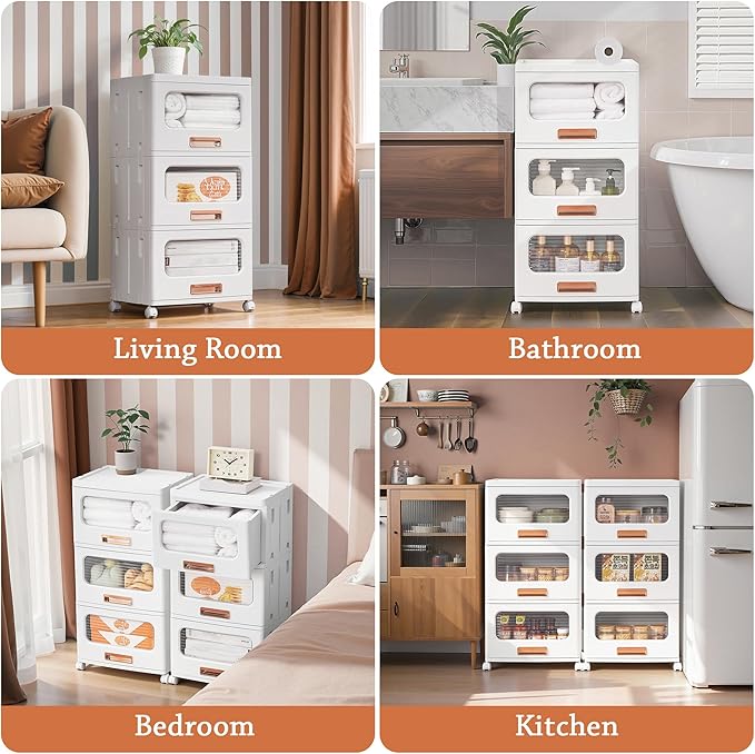 VECELO Stackable Storage Drawers Cabinet with Wheels, Storage Bins Pull Out, Waterproof Drawer Closet Organizer, Multi-Tier Stackable Design for Bedroom/Livingroom/Bathroom, Medium, 2-Tier