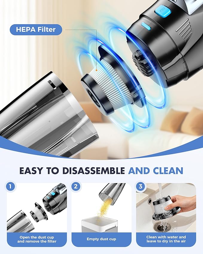 Handheld Vacuum Cordless 25000PA Powerful Suction, Portable Car Vacuum, 3 in 1 Hand Held Vacuum Rechargeable 8000mAh with LED Light, HEPA Filter, Home, Car Seats, Office, Pet Hair Blue+Black