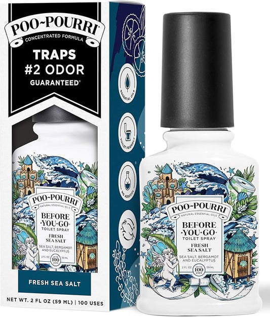 Poo-Pourri Before-You-Go Toilet Spray, Fresh Sea Salt, 2 Fl Oz, Up to 100 Uses, Bathroom Odor Deodorizer with Essential Oils for Home or Work, Travel Essentials, TSA Approved Size, Sea Salt Bergamot