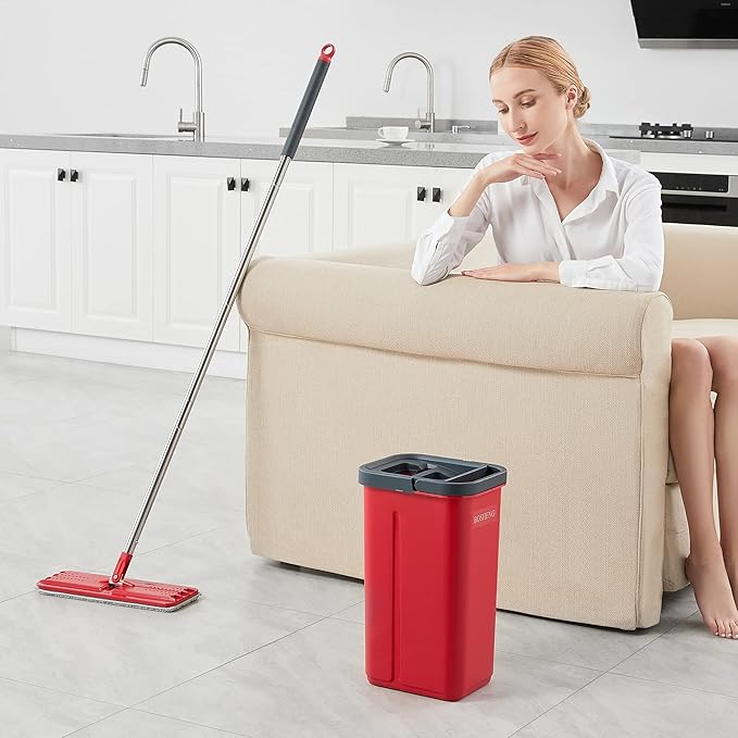 Mop and Bucket with Wringer Set, Flat Mop and Bucket, Squeeze Floor Mop with 3 Washable Microfiber Mops, Wet and Dry Use, Household Cleaning Tools, for Hardwood Floor, Laminate, Tile
